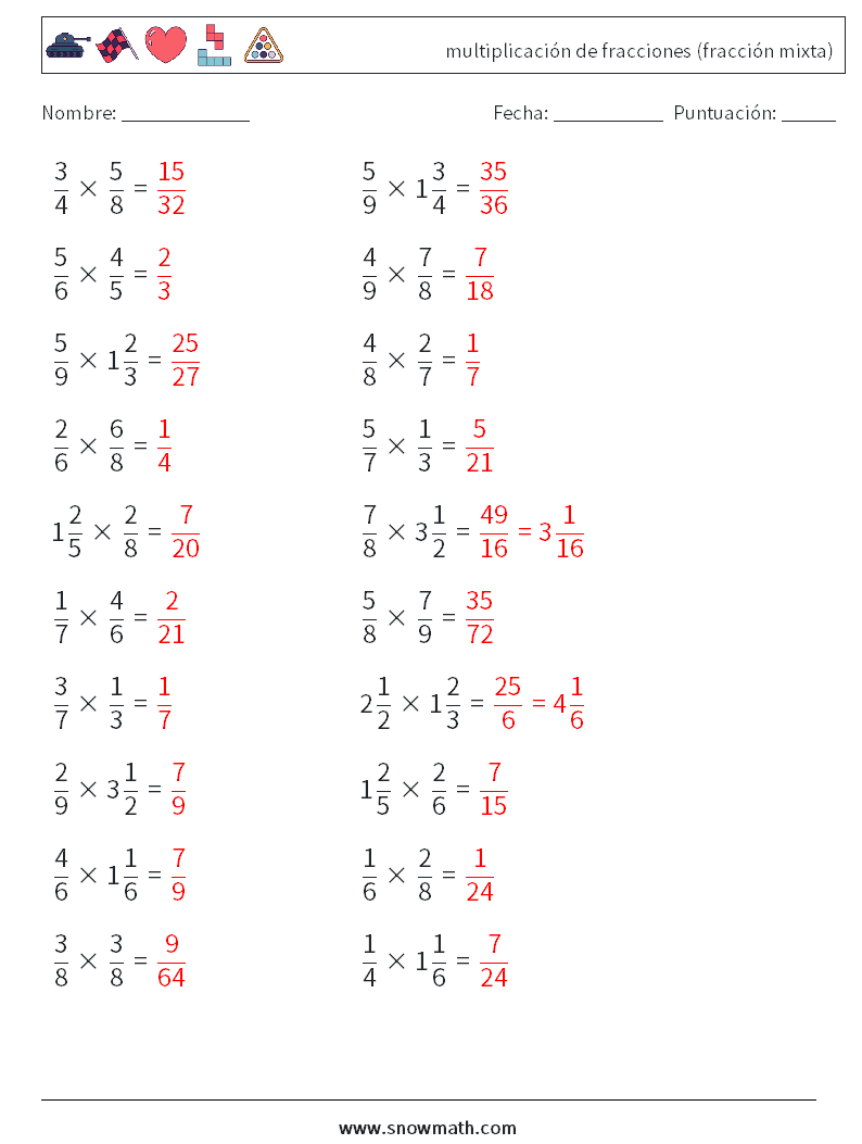 (20) multiplicación de fracciones (fracción mixta) Hojas de trabajo de matemáticas 4 Pregunta, respuesta