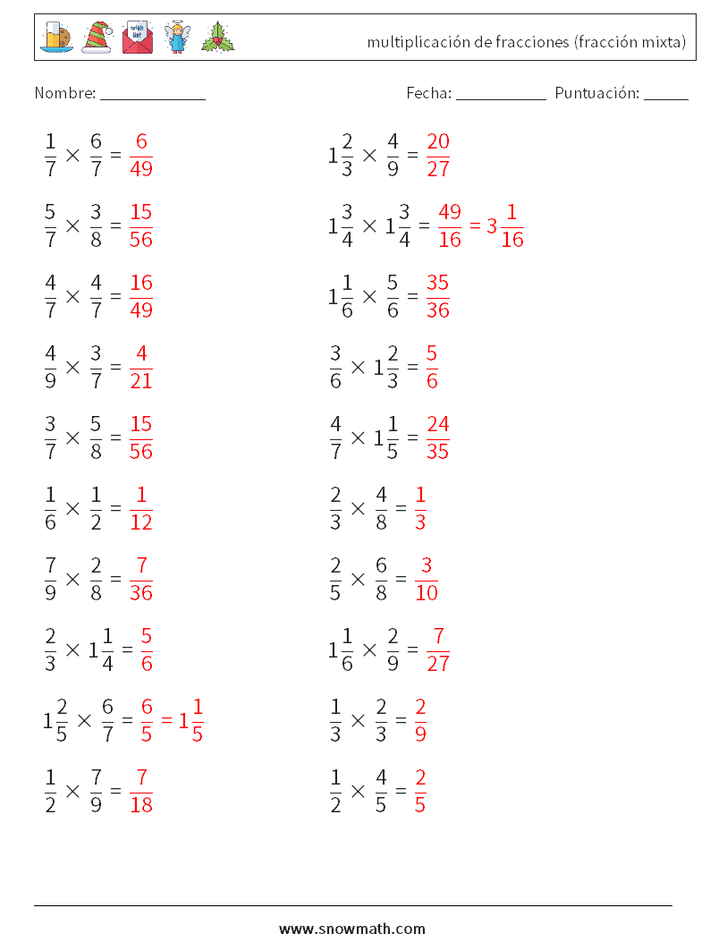 (20) multiplicación de fracciones (fracción mixta) Hojas de trabajo de matemáticas 5 Pregunta, respuesta