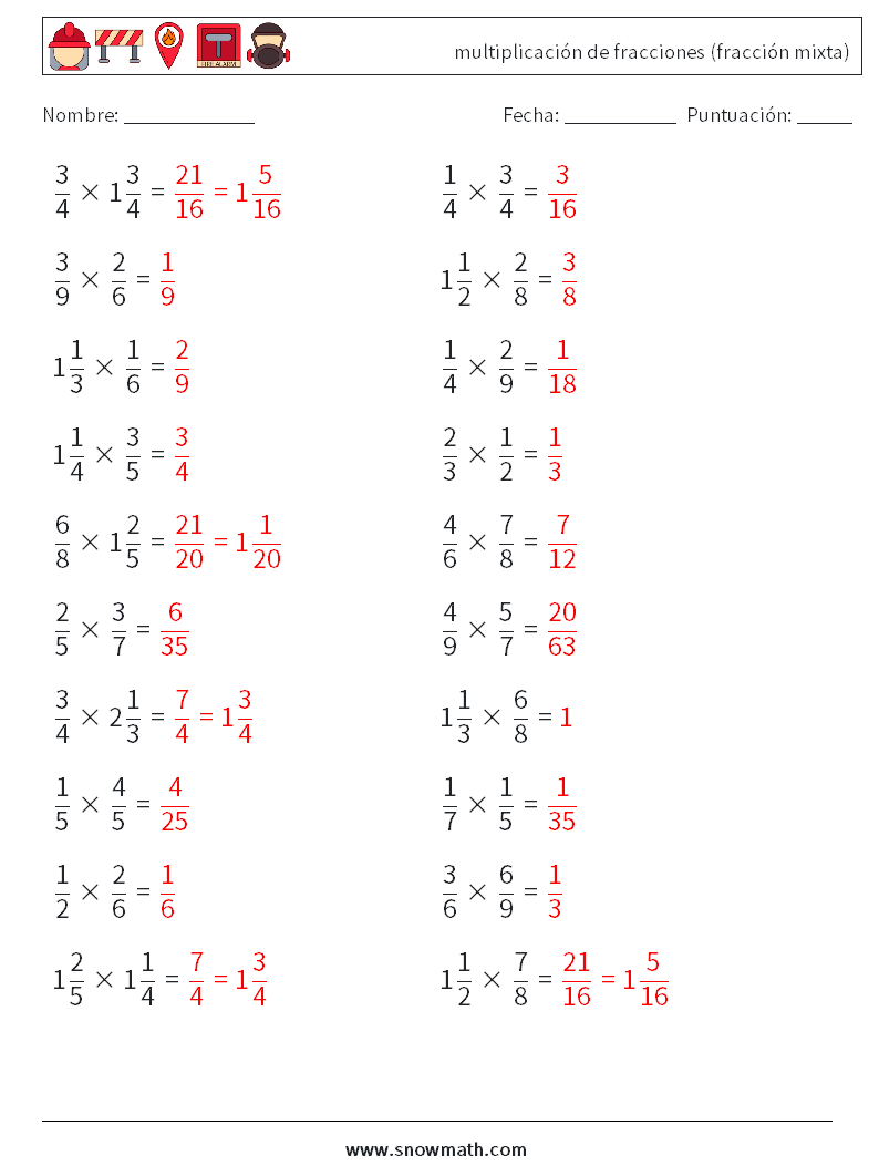 (20) multiplicación de fracciones (fracción mixta) Hojas de trabajo de matemáticas 6 Pregunta, respuesta