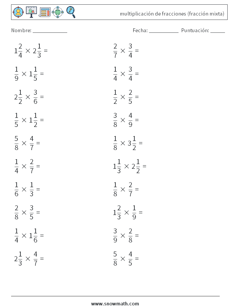 (20) multiplicación de fracciones (fracción mixta) Hojas de trabajo de matemáticas 7