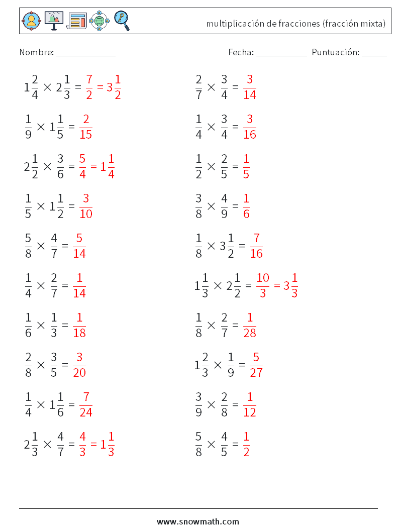 (20) multiplicación de fracciones (fracción mixta) Hojas de trabajo de matemáticas 7 Pregunta, respuesta