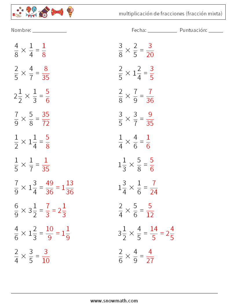 (20) multiplicación de fracciones (fracción mixta) Hojas de trabajo de matemáticas 8 Pregunta, respuesta