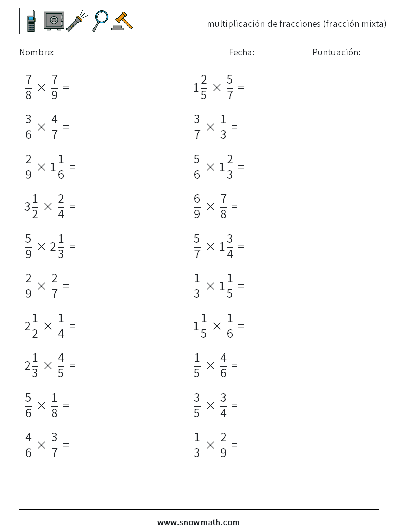 (20) multiplicación de fracciones (fracción mixta) Hojas de trabajo de matemáticas 9