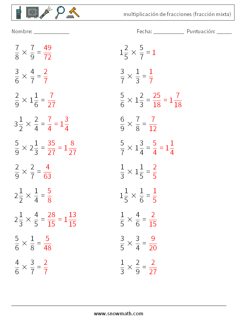 (20) multiplicación de fracciones (fracción mixta) Hojas de trabajo de matemáticas 9 Pregunta, respuesta