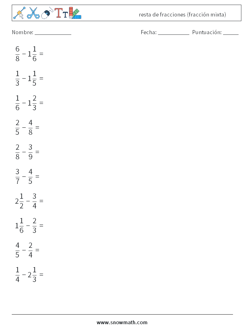 (10) resta de fracciones (fracción mixta) Hojas de trabajo de matemáticas 1