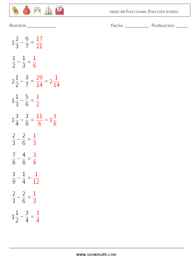 (10) resta de fracciones (fracción mixta) Hojas de trabajo de matemáticas 10 Pregunta, respuesta