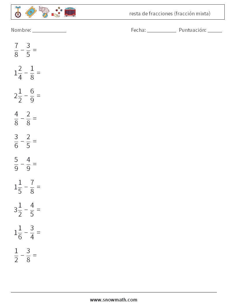 (10) resta de fracciones (fracción mixta) Hojas de trabajo de matemáticas 11