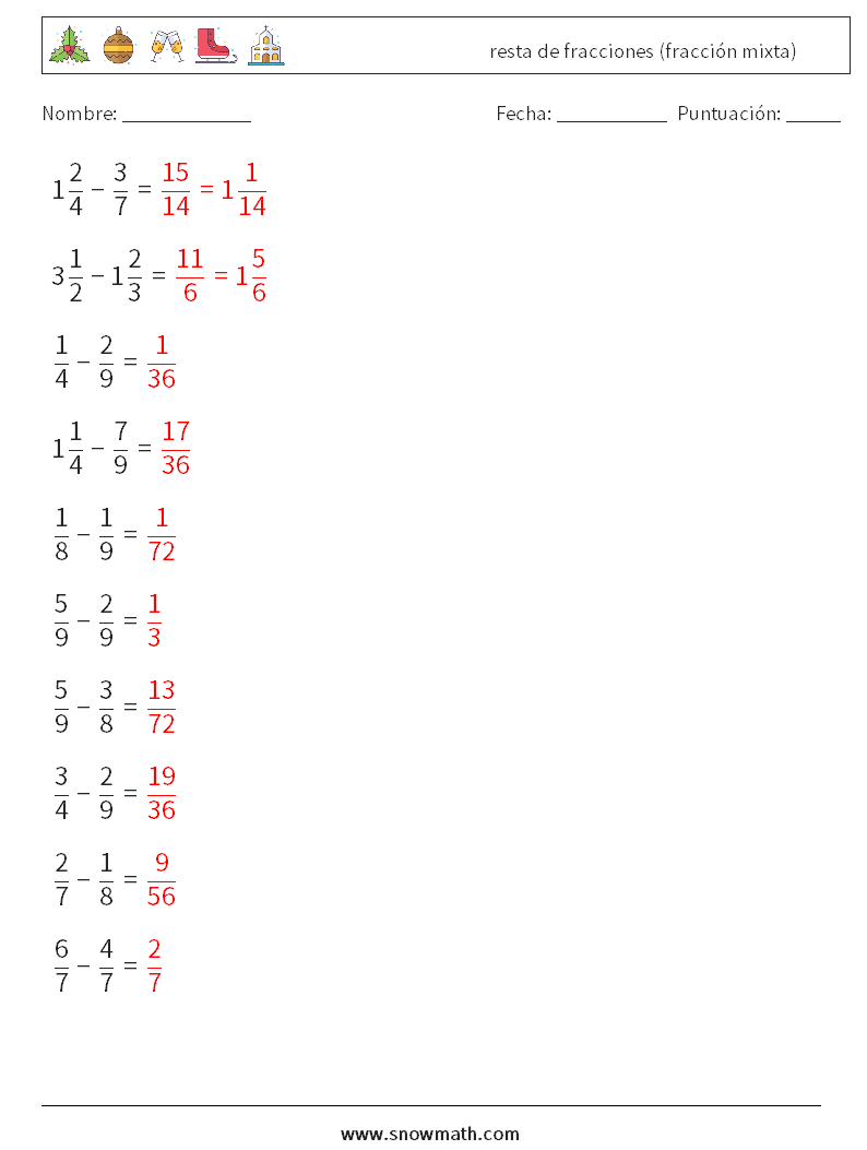 (10) resta de fracciones (fracción mixta) Hojas de trabajo de matemáticas 12 Pregunta, respuesta