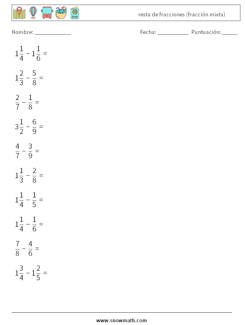 (10) resta de fracciones (fracción mixta) Hojas de trabajo de matemáticas 13
