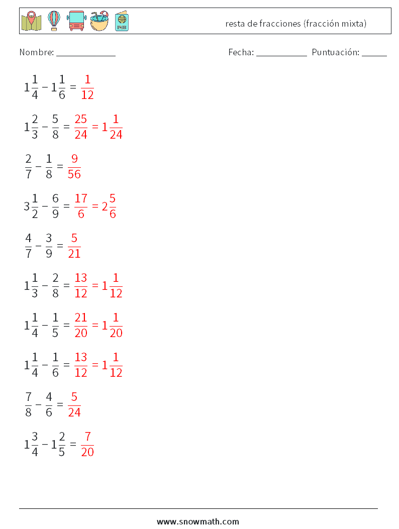 (10) resta de fracciones (fracción mixta) Hojas de trabajo de matemáticas 13 Pregunta, respuesta