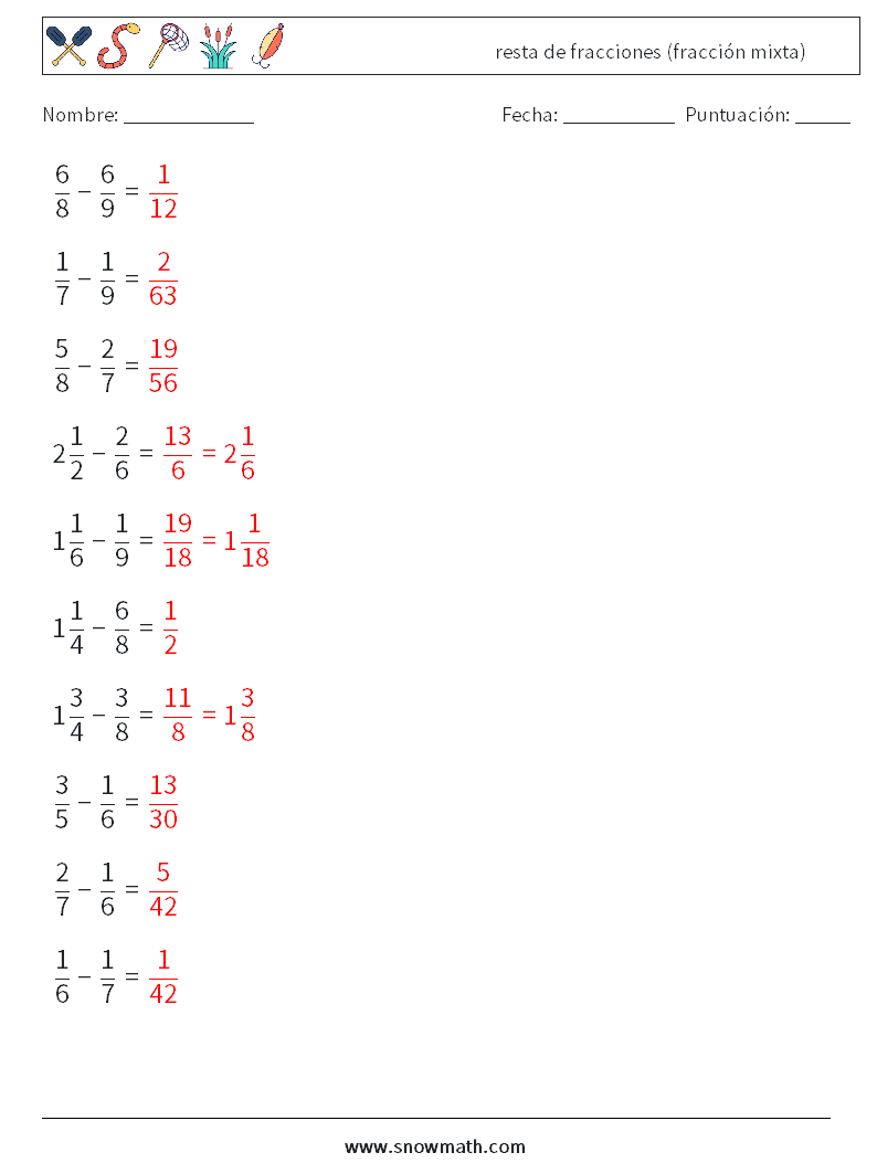 (10) resta de fracciones (fracción mixta) Hojas de trabajo de matemáticas 14 Pregunta, respuesta