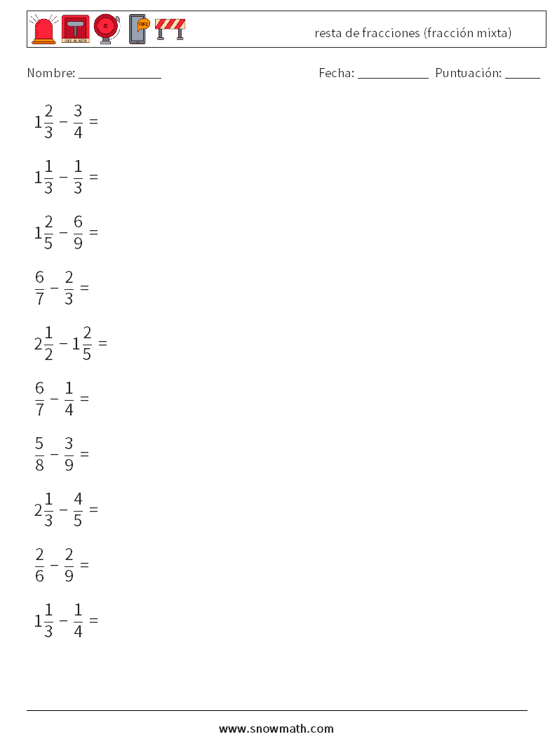 (10) resta de fracciones (fracción mixta) Hojas de trabajo de matemáticas 15