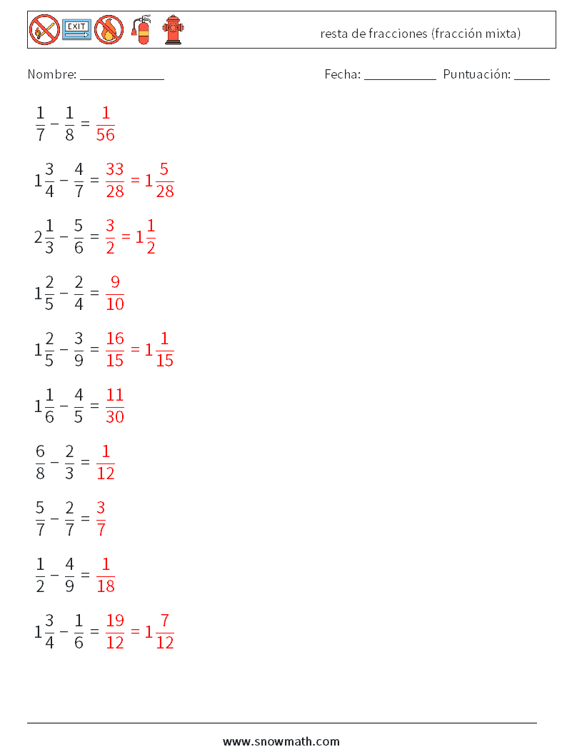 (10) resta de fracciones (fracción mixta) Hojas de trabajo de matemáticas 17 Pregunta, respuesta