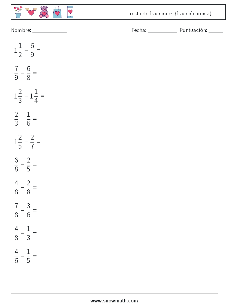 (10) resta de fracciones (fracción mixta) Hojas de trabajo de matemáticas 18