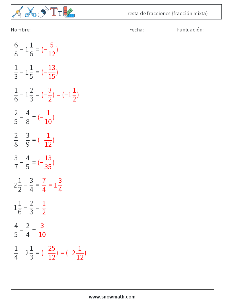 (10) resta de fracciones (fracción mixta) Hojas de trabajo de matemáticas 1 Pregunta, respuesta