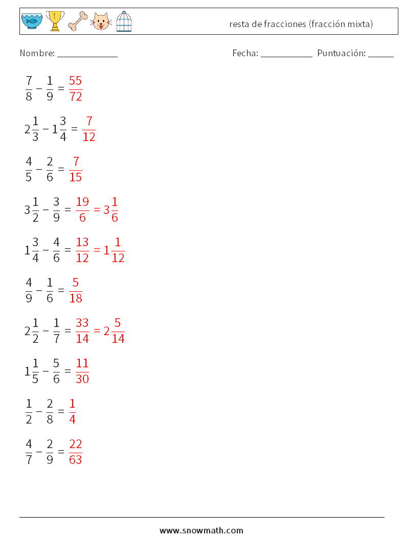(10) resta de fracciones (fracción mixta) Hojas de trabajo de matemáticas 2 Pregunta, respuesta
