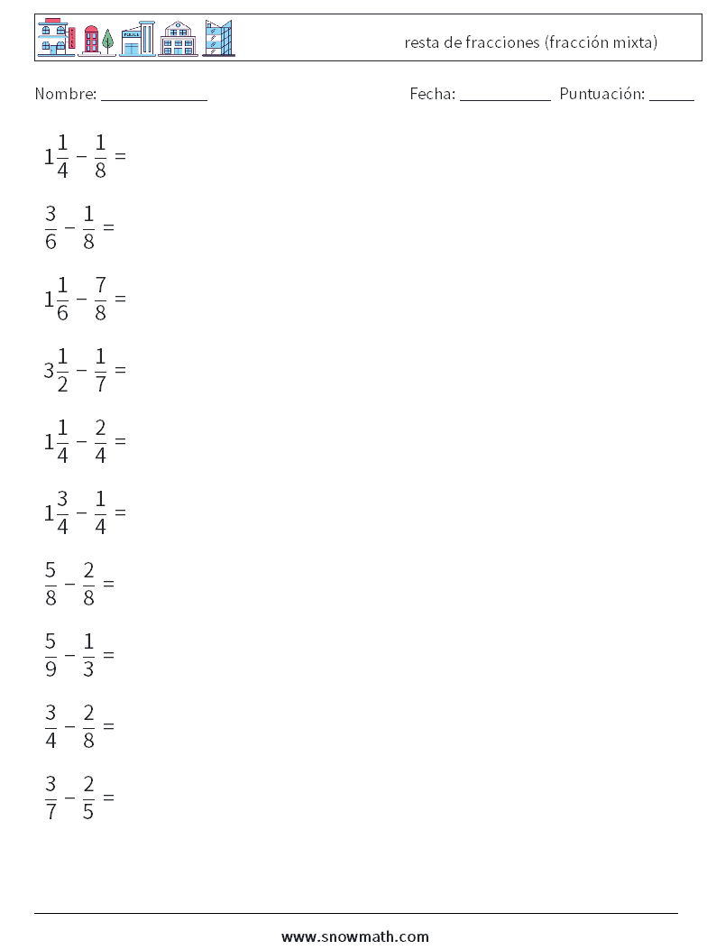 (10) resta de fracciones (fracción mixta) Hojas de trabajo de matemáticas 3