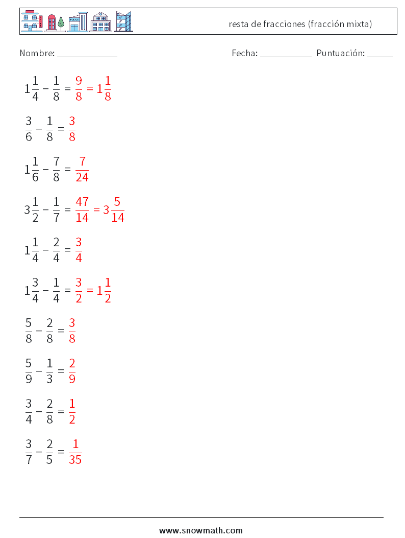 (10) resta de fracciones (fracción mixta) Hojas de trabajo de matemáticas 3 Pregunta, respuesta