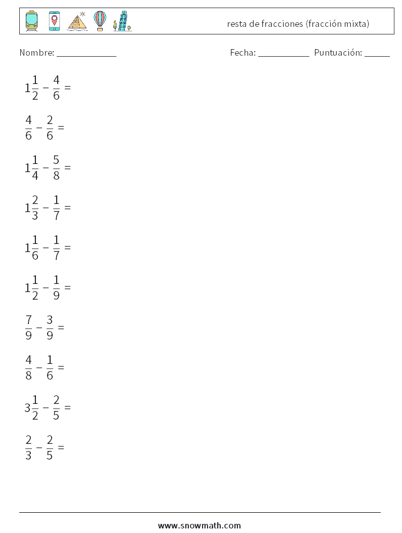 (10) resta de fracciones (fracción mixta) Hojas de trabajo de matemáticas 4