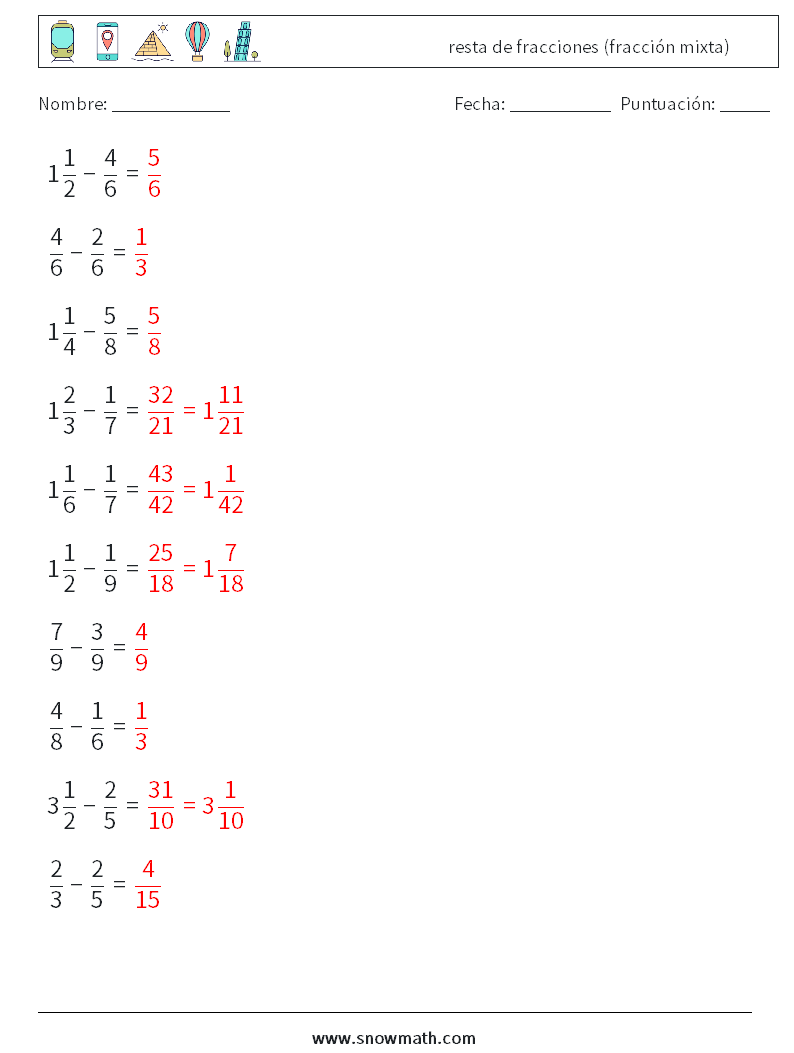 (10) resta de fracciones (fracción mixta) Hojas de trabajo de matemáticas 4 Pregunta, respuesta