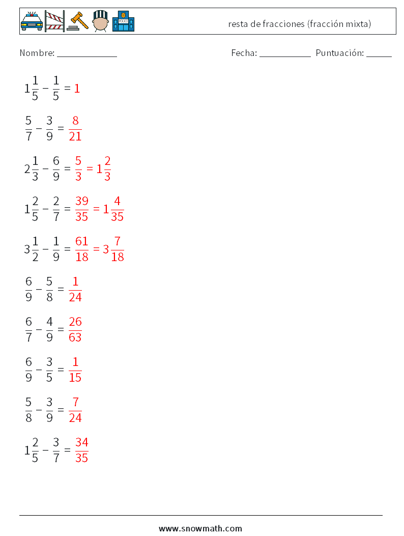 (10) resta de fracciones (fracción mixta) Hojas de trabajo de matemáticas 5 Pregunta, respuesta