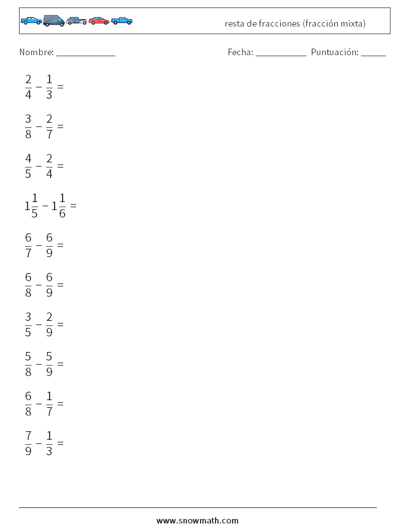 (10) resta de fracciones (fracción mixta) Hojas de trabajo de matemáticas 6