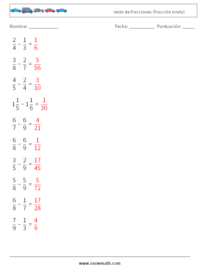 (10) resta de fracciones (fracción mixta) Hojas de trabajo de matemáticas 6 Pregunta, respuesta