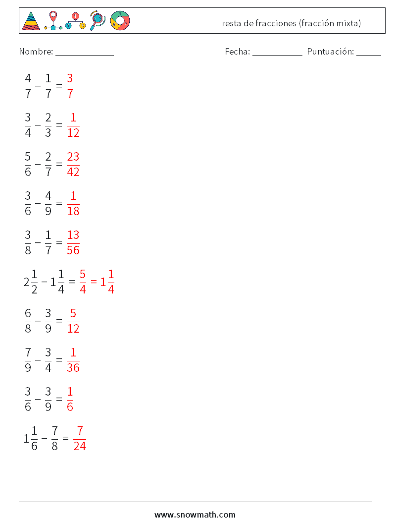 (10) resta de fracciones (fracción mixta) Hojas de trabajo de matemáticas 7 Pregunta, respuesta