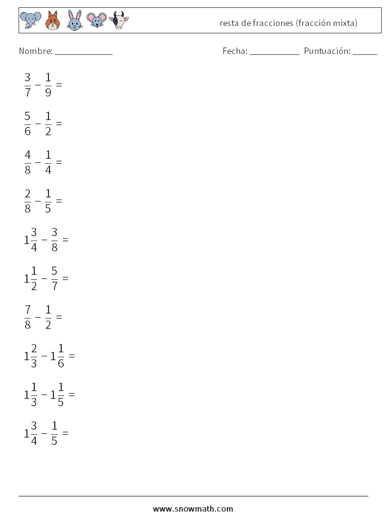 (10) resta de fracciones (fracción mixta) Hojas de trabajo de matemáticas 8