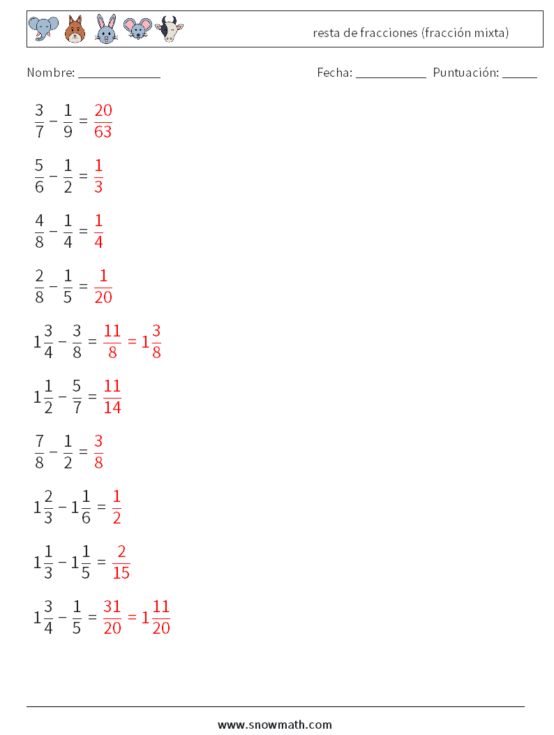 (10) resta de fracciones (fracción mixta) Hojas de trabajo de matemáticas 8 Pregunta, respuesta