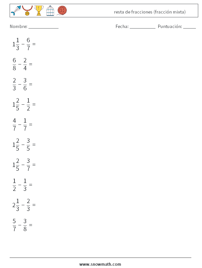 (10) resta de fracciones (fracción mixta) Hojas de trabajo de matemáticas 9