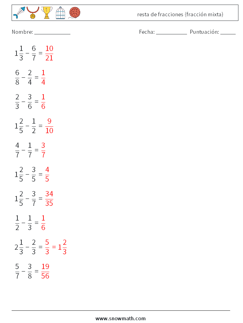 (10) resta de fracciones (fracción mixta) Hojas de trabajo de matemáticas 9 Pregunta, respuesta