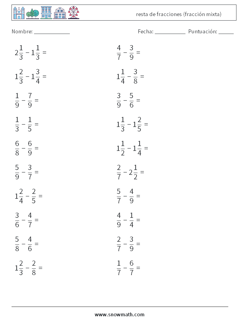 (20) resta de fracciones (fracción mixta) Hojas de trabajo de matemáticas 1