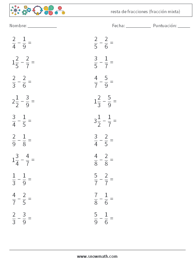 (20) resta de fracciones (fracción mixta) Hojas de trabajo de matemáticas 10