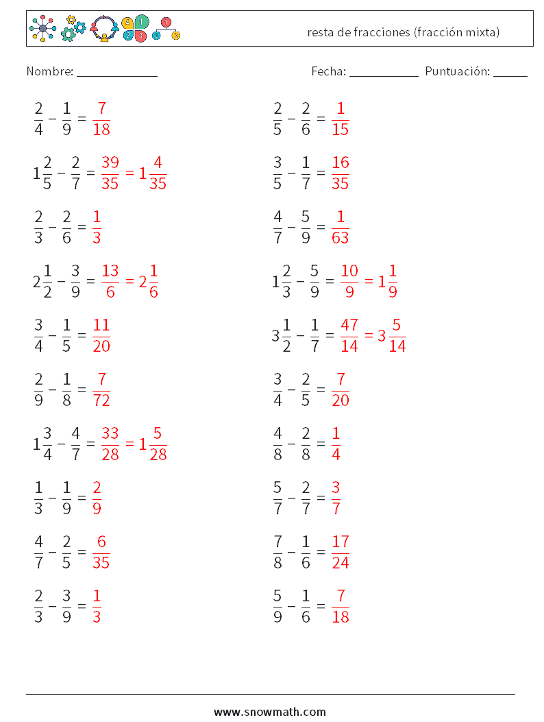 (20) resta de fracciones (fracción mixta) Hojas de trabajo de matemáticas 10 Pregunta, respuesta