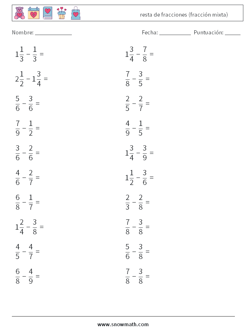 (20) resta de fracciones (fracción mixta) Hojas de trabajo de matemáticas 11