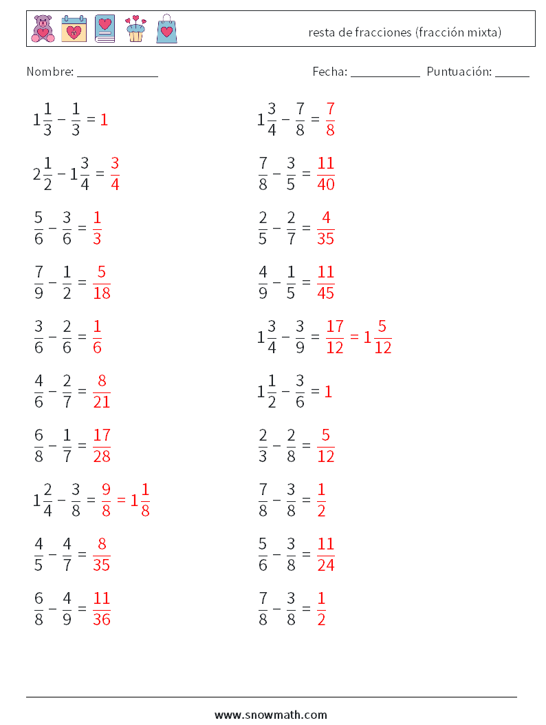 (20) resta de fracciones (fracción mixta) Hojas de trabajo de matemáticas 11 Pregunta, respuesta
