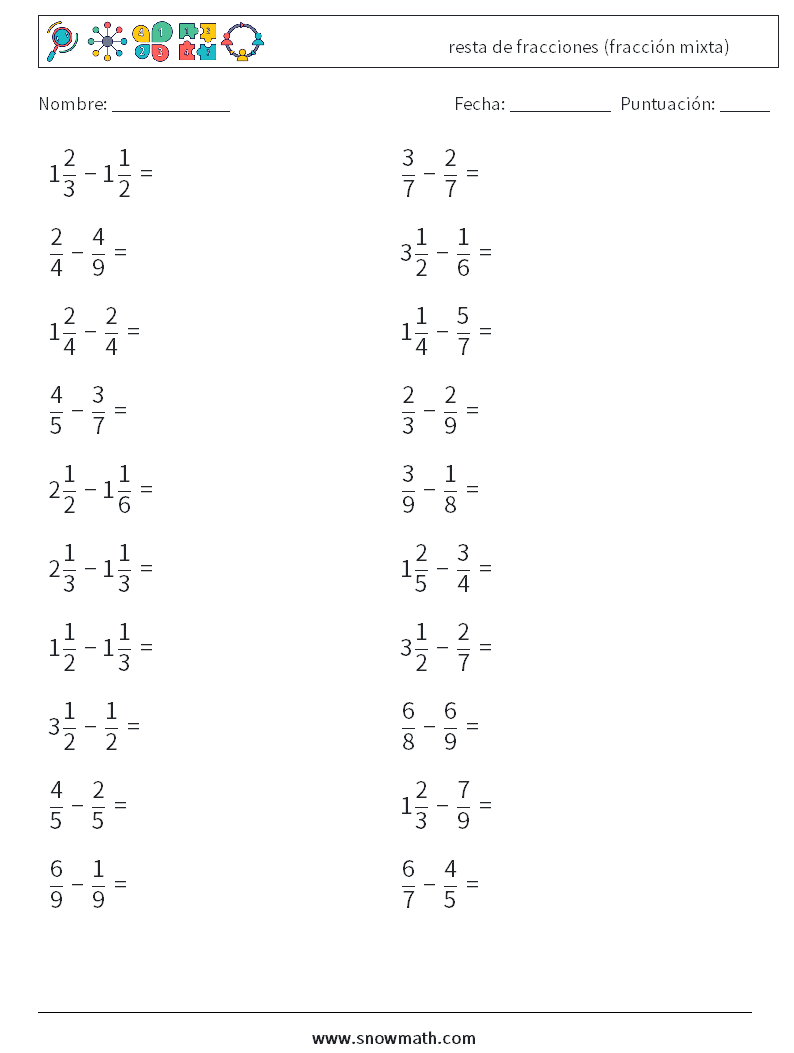 (20) resta de fracciones (fracción mixta) Hojas de trabajo de matemáticas 12