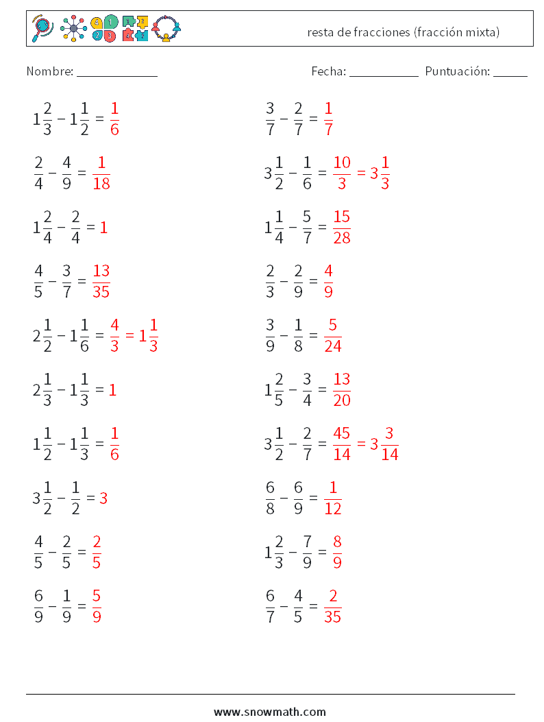 (20) resta de fracciones (fracción mixta) Hojas de trabajo de matemáticas 12 Pregunta, respuesta