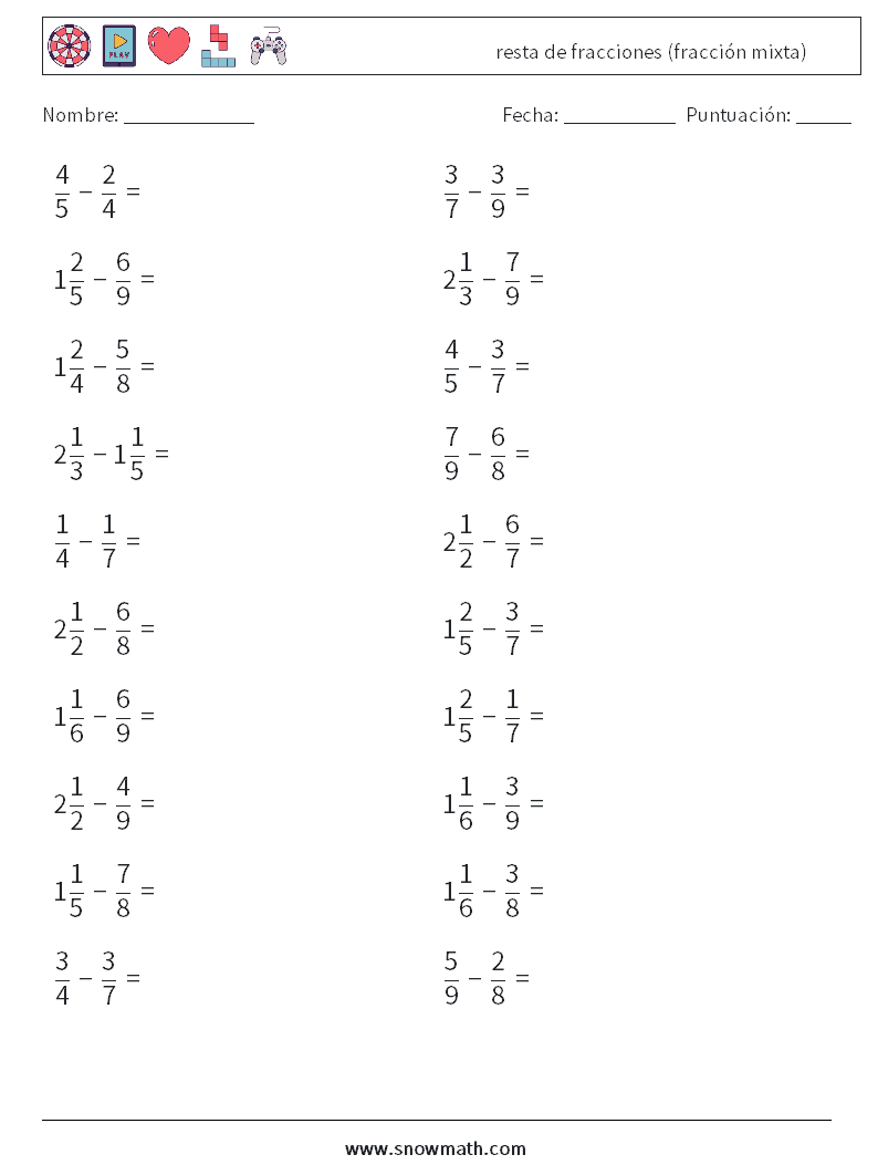 (20) resta de fracciones (fracción mixta) Hojas de trabajo de matemáticas 13