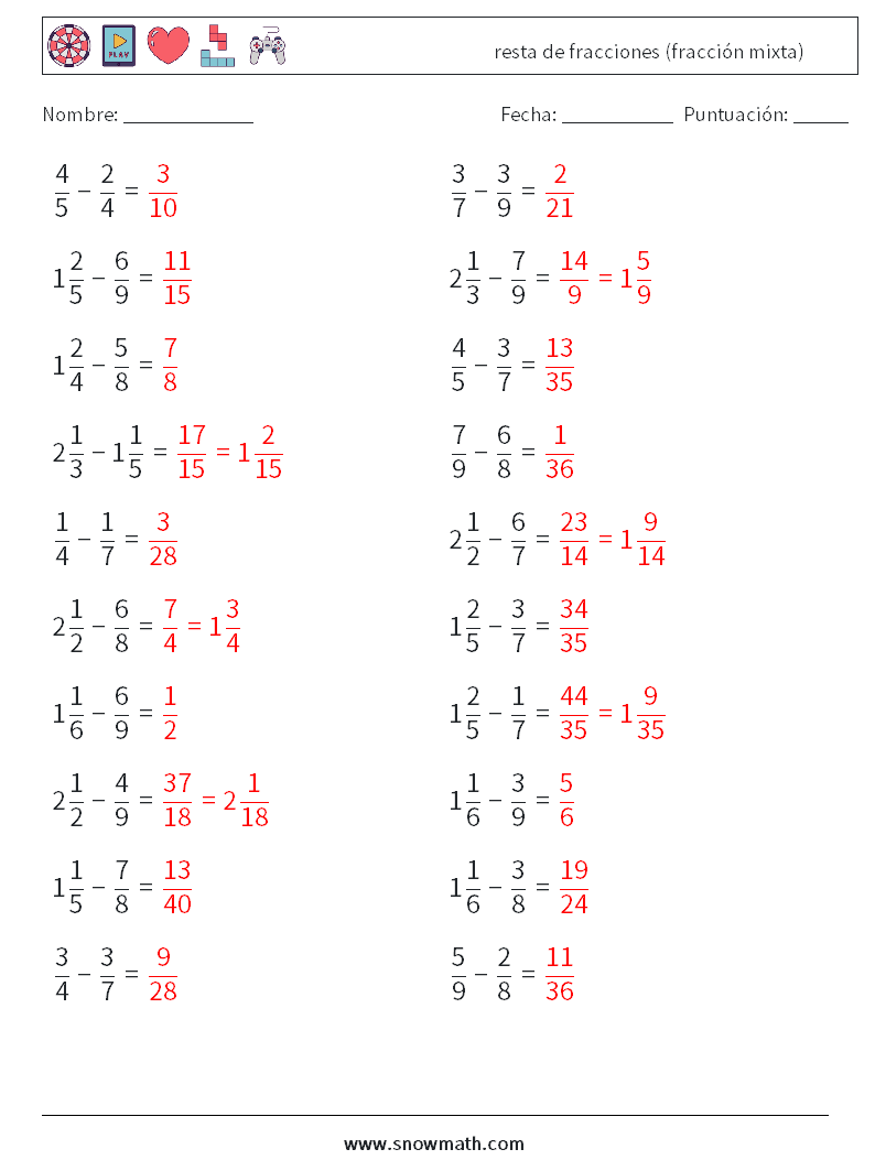 (20) resta de fracciones (fracción mixta) Hojas de trabajo de matemáticas 13 Pregunta, respuesta