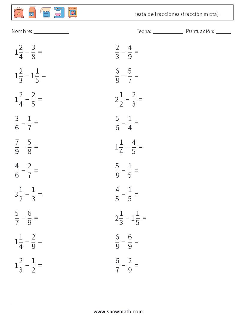 (20) resta de fracciones (fracción mixta) Hojas de trabajo de matemáticas 14
