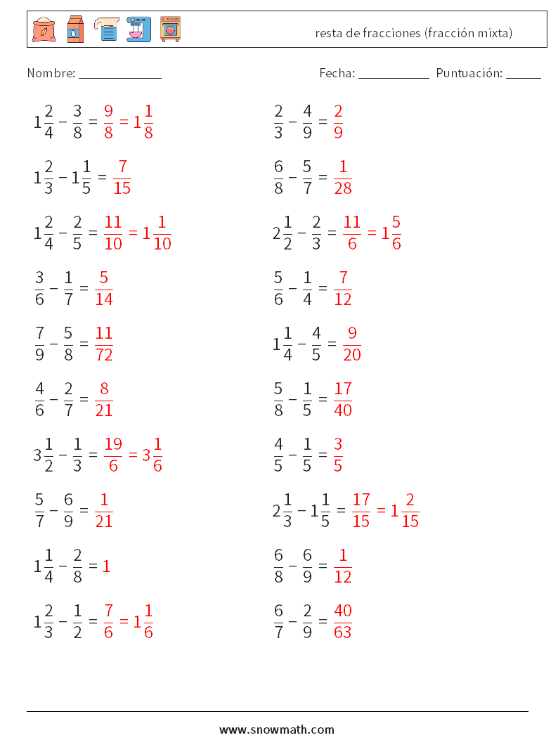 (20) resta de fracciones (fracción mixta) Hojas de trabajo de matemáticas 14 Pregunta, respuesta