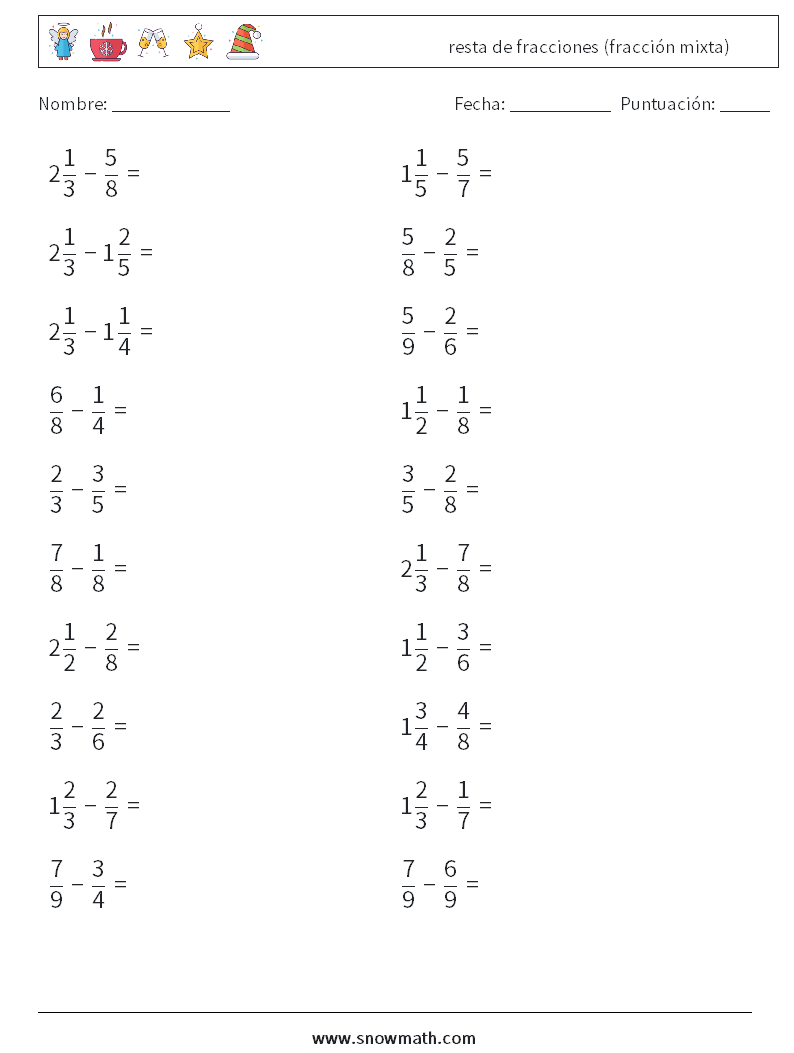 (20) resta de fracciones (fracción mixta) Hojas de trabajo de matemáticas 15