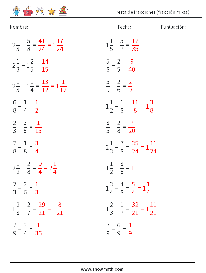 (20) resta de fracciones (fracción mixta) Hojas de trabajo de matemáticas 15 Pregunta, respuesta