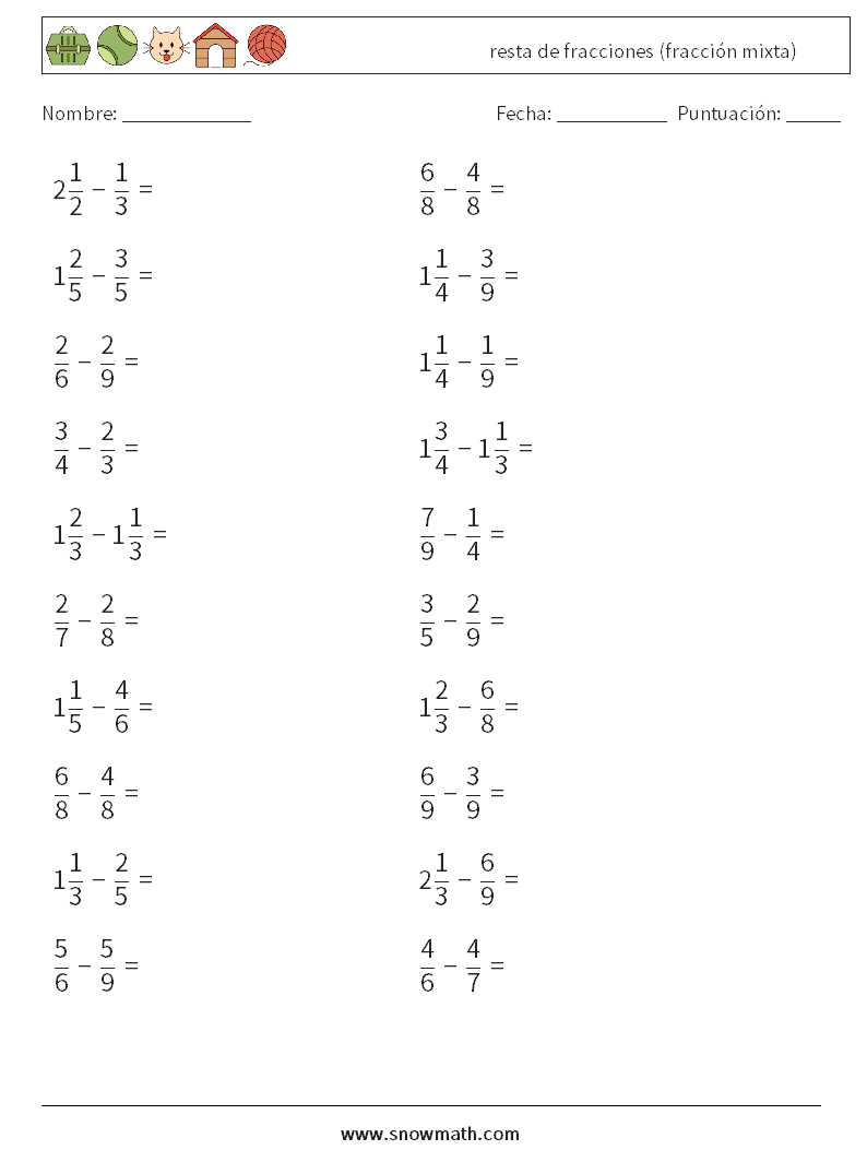 (20) resta de fracciones (fracción mixta) Hojas de trabajo de matemáticas 16
