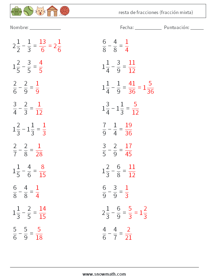 (20) resta de fracciones (fracción mixta) Hojas de trabajo de matemáticas 16 Pregunta, respuesta
