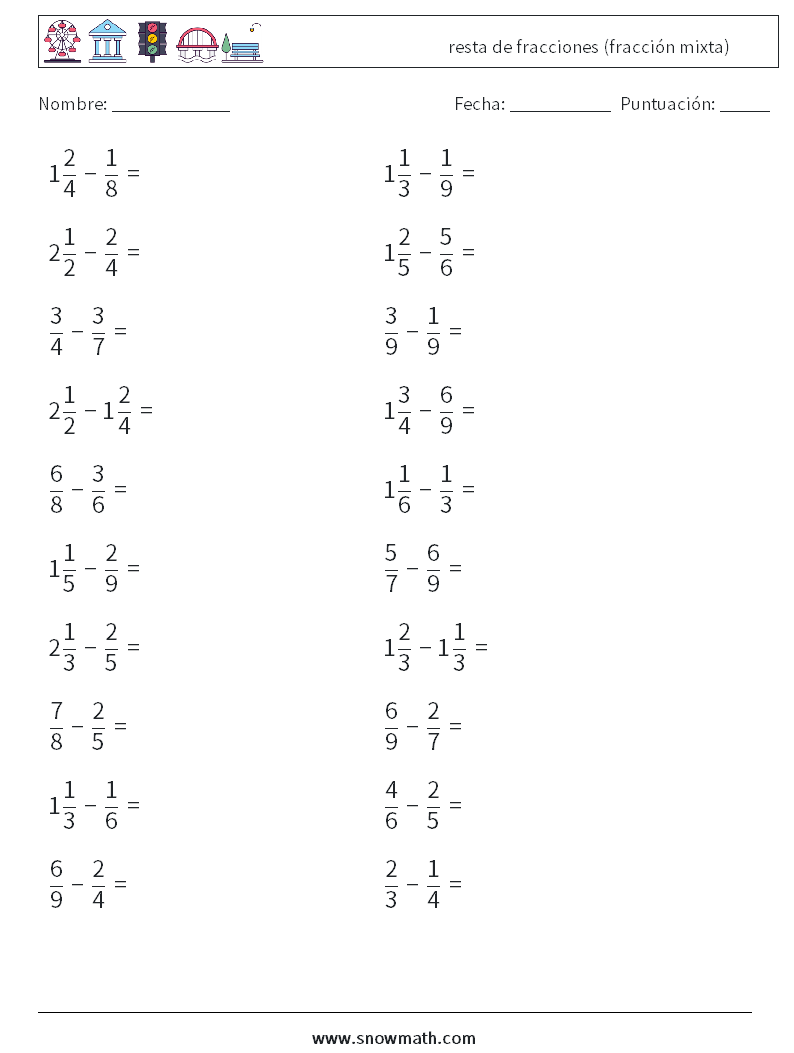 (20) resta de fracciones (fracción mixta) Hojas de trabajo de matemáticas 17