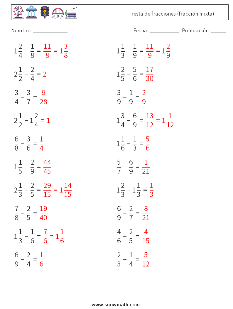 (20) resta de fracciones (fracción mixta) Hojas de trabajo de matemáticas 17 Pregunta, respuesta
