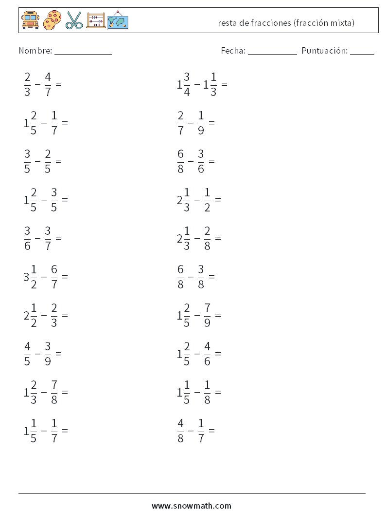 (20) resta de fracciones (fracción mixta) Hojas de trabajo de matemáticas 18